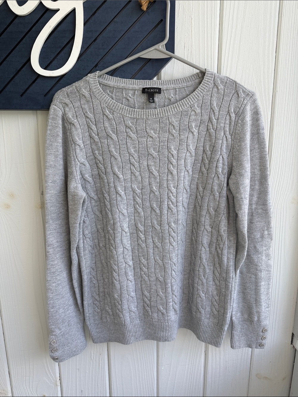 Talbots Light Gray Cable Knit Crewneck Sweater